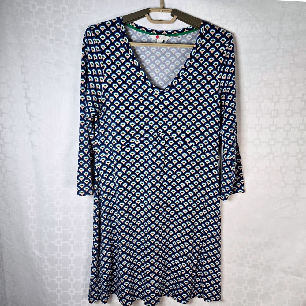Boden Women Blue Geometric Shell Print V-Neck 3/4 Sleeve Jersey Dress Size US 8R